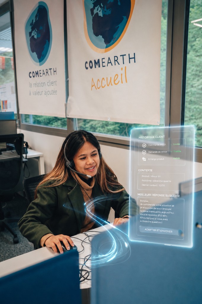 Conseillère clientèle COMEARTH assistée par une interface IA éthique pour l'historique client